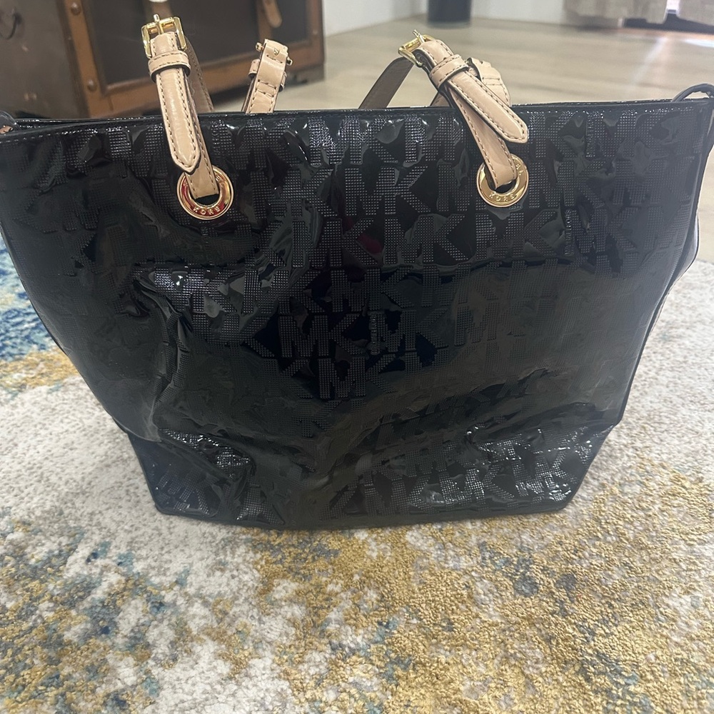 Michael Kors Black Patent Logo Tote with Beige Leather Handles
